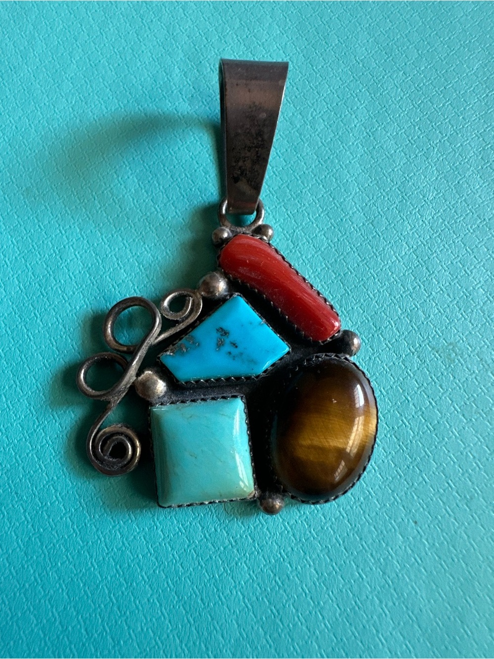 Vintage Native Sterling Multi Stone Necklace Pendant